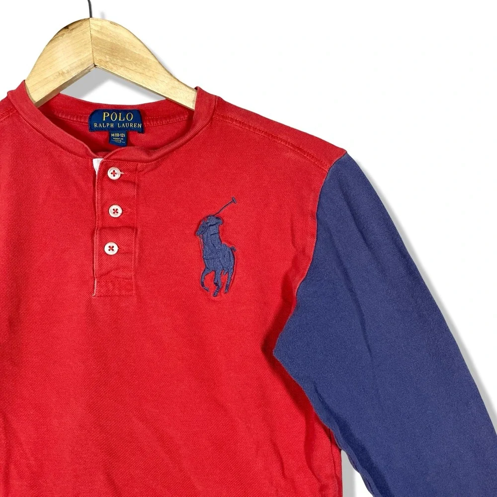 Polo Ralph Lauren Henley Shirt Kids M Red Blue Preppy Big Pony Long Sleeve‎